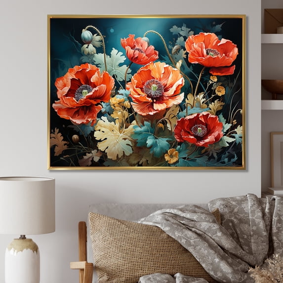 Designart "Reverie of Poppies Red and Green I" Floral Framed Wall Art - Traditional Red Poppies Entryway Framed Wall Art