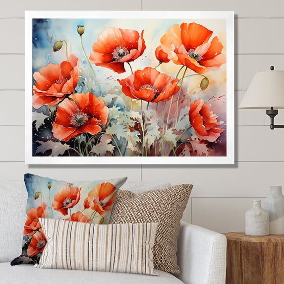 Designart "Reverie of Poppies Red and Green II" Floral Framed Wall Art Decor - Traditional Red Poppies Bedroom Framed Canvas Wall Art