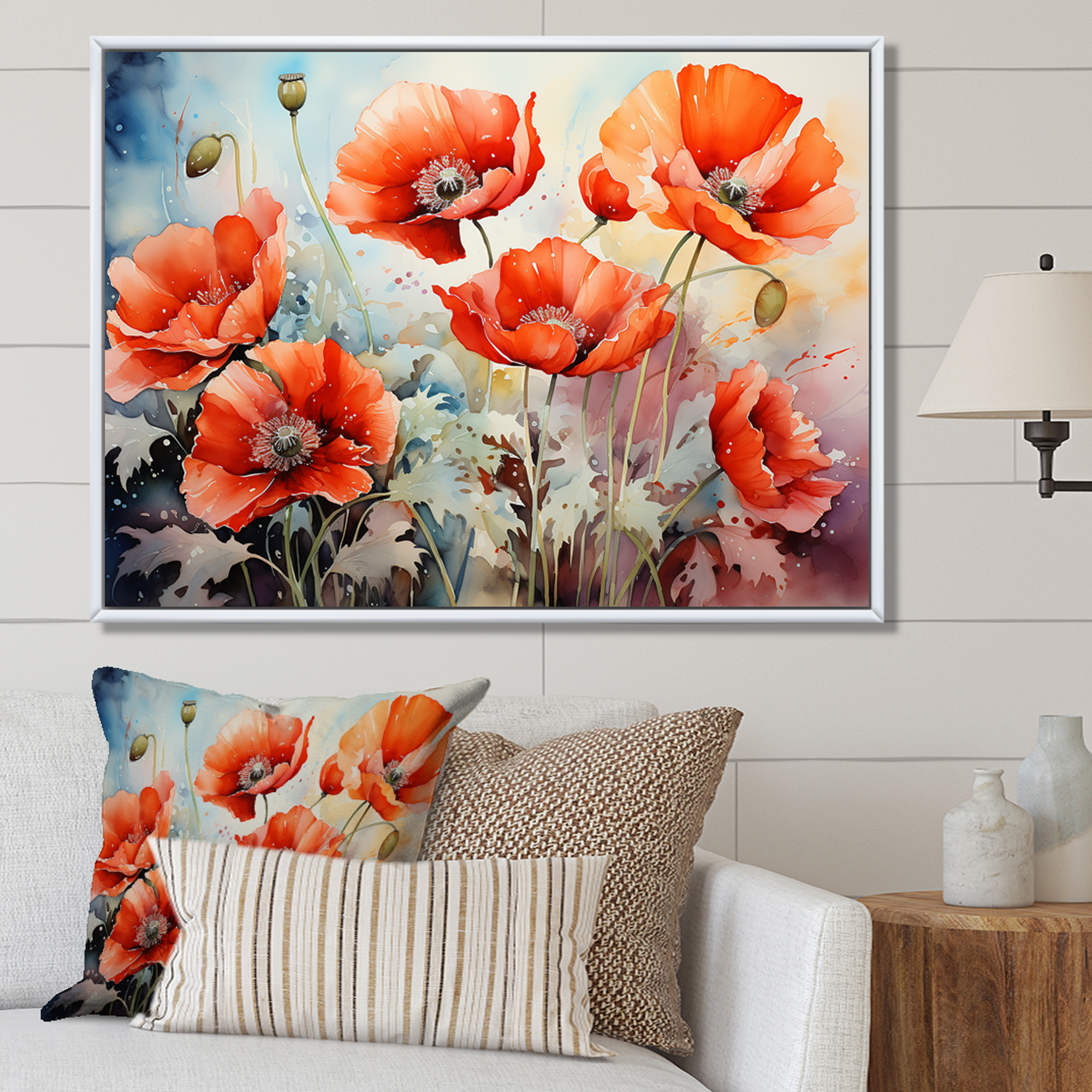 Designart "Reverie of Poppies Red and Green II" Floral Framed Wall Art ...