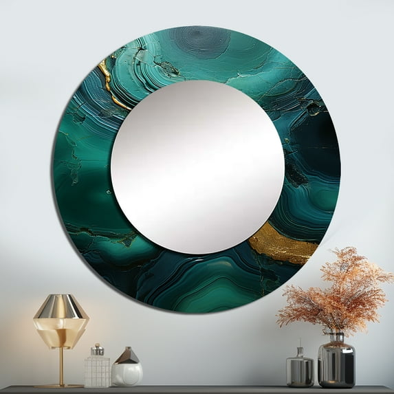 Designart "Revitalizing Malachite Essence" Spiritual Stone Rund Mirror For Wall Decor - Large Green Round Printed Mirror -Global Round Living Room Mirror - 29" x 29"