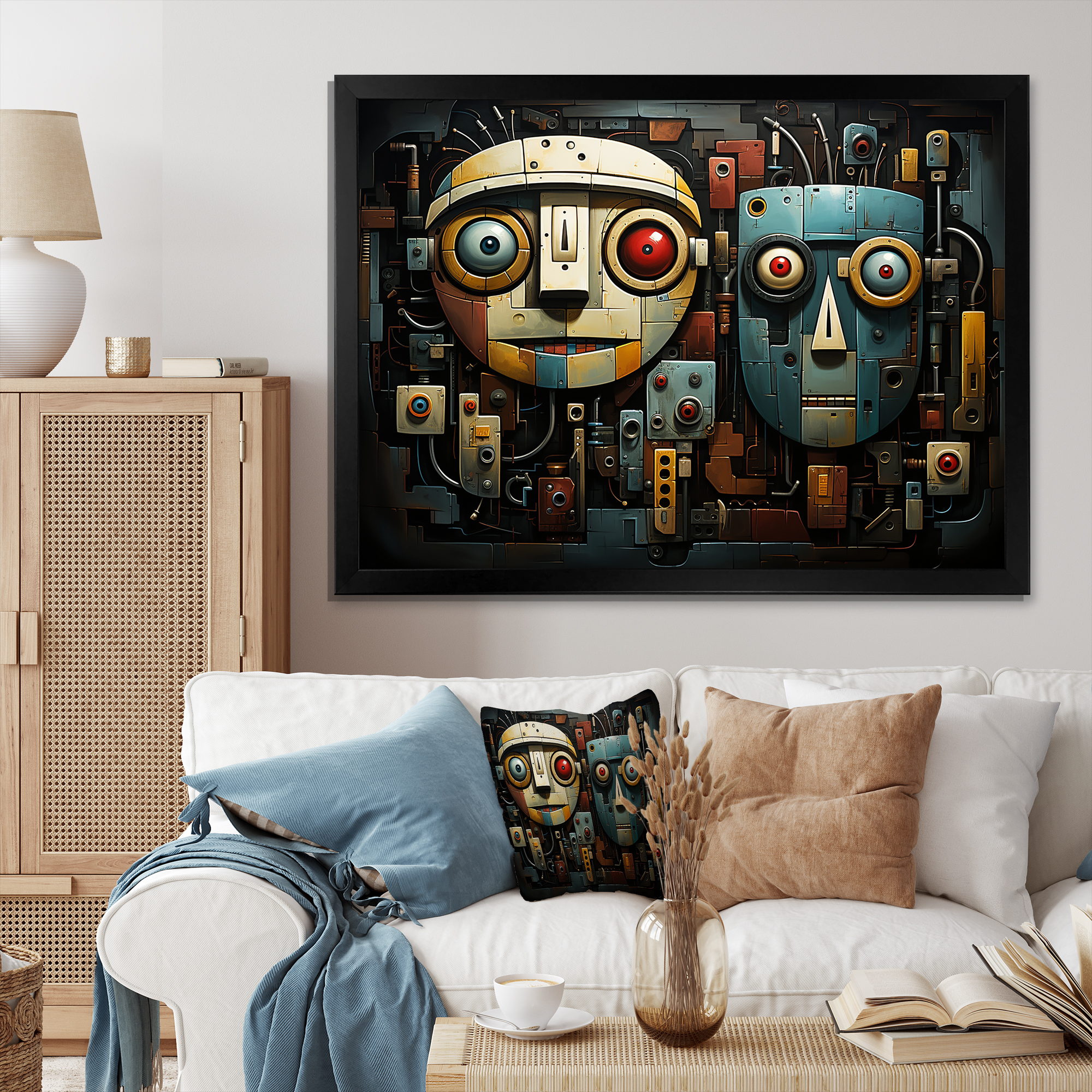 Designart "Revolution of Robots in Blue and Beige" Fashion Framed Wall