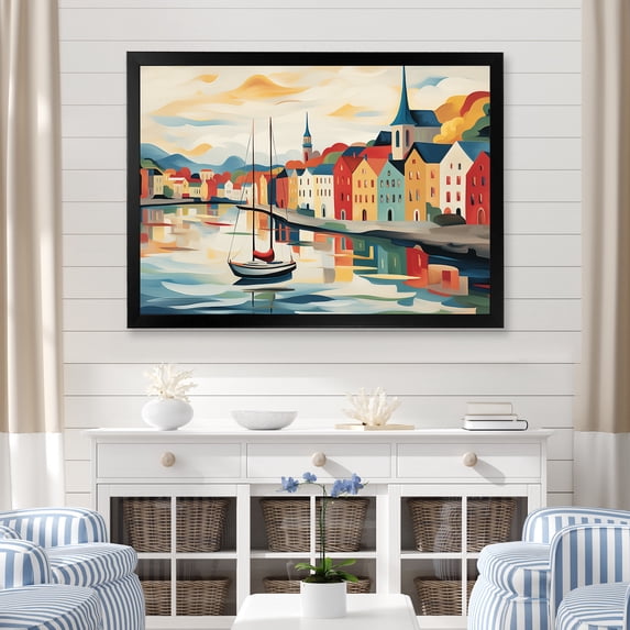 Designart "Reykjavik Landscape in Iceland II" Coastal Framed Wall Art Decor - Coastal Blue Coastal Port Hallway Framed Wall Art Decor