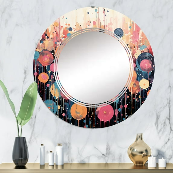 Designart "Rhapsodic Vinyl Record III" Music Round Wall Mirror - Modern Oval Printed Decorative Oversized Mirror - Multiple Color Options