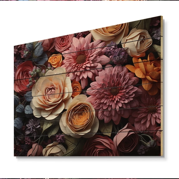 Designart "Rhapsody of Roses" Floral Print on Natural Pine Wood