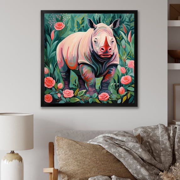 Designart "Rhino Paradise in Pink and Green I" Animals Framed Wall Art Decor - Modern Pink Rhinoceros Living Room Framed Canvas Art