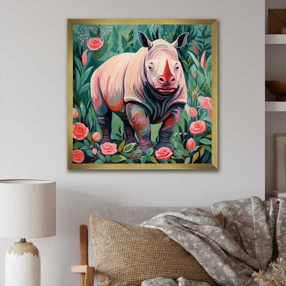 Designart "Rhino Paradise in Pink and Green I" Animals Framed Wall Art Decor - Modern Pink Rhinoceros Living Room Framed Canvas Art