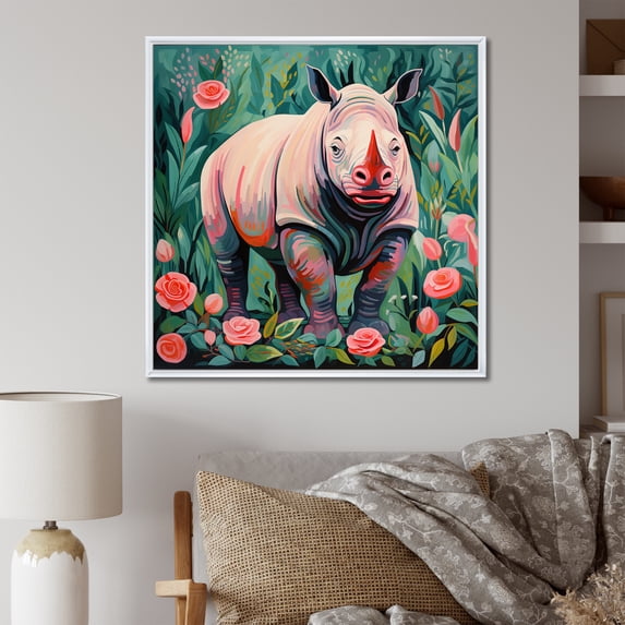 Designart "Rhino Paradise in Pink and Green I" Animals Framed Wall Art - Pink Rhinoceros Living Room Framed Canvas Art