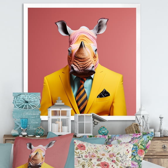 Designart "Rhino Suited Up in Yellow II" Animals Framed Wall Art Decor - Modern Yellow Rhino Bedroom Framed Canvas Wall Art