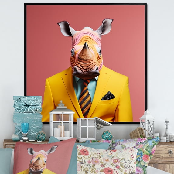 Designart "Rhino Suited Up in Yellow II" Animals Framed Wall Art - Traditional Yellow Rhino Bedroom Framed Canvas Wall Art