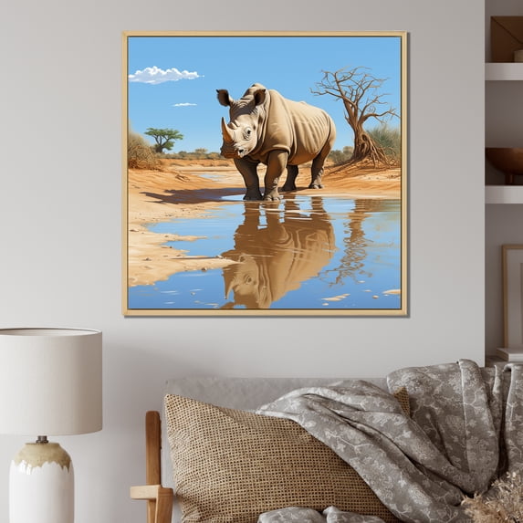 Designart "Rhinoceros in Africa Majestic Safari Beauty I" Animals Framed Wall Art - Blue Rhinoceros Entryway Framed Wall Art Print