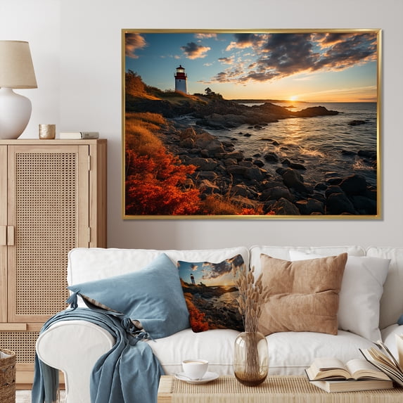 Designart "Rhode Island Lighthouse horizon" Landscapes Floater Framed Canvas Wall Art