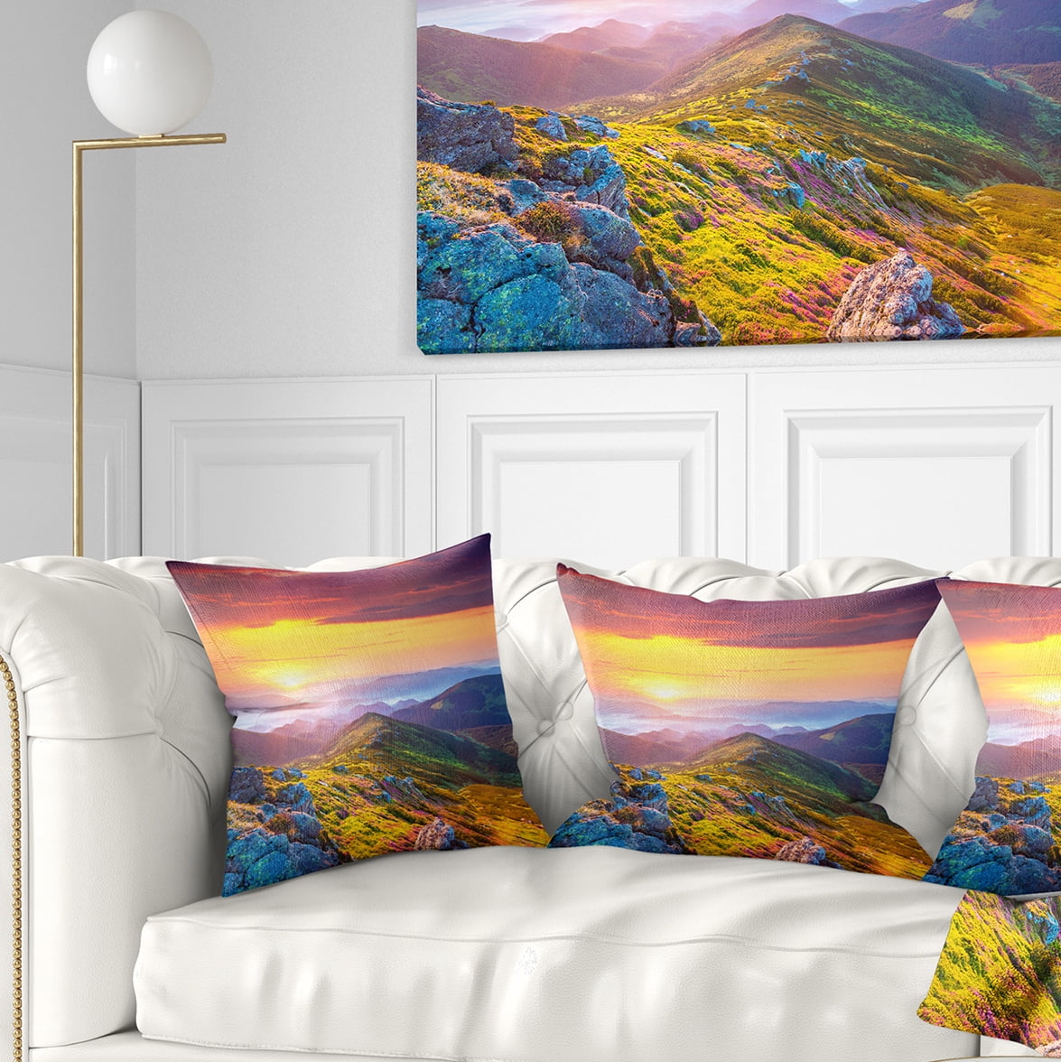 Designart Rhododendron Flowers in Colorful Hills - Landscape Photography Throw Pillow - 16x16