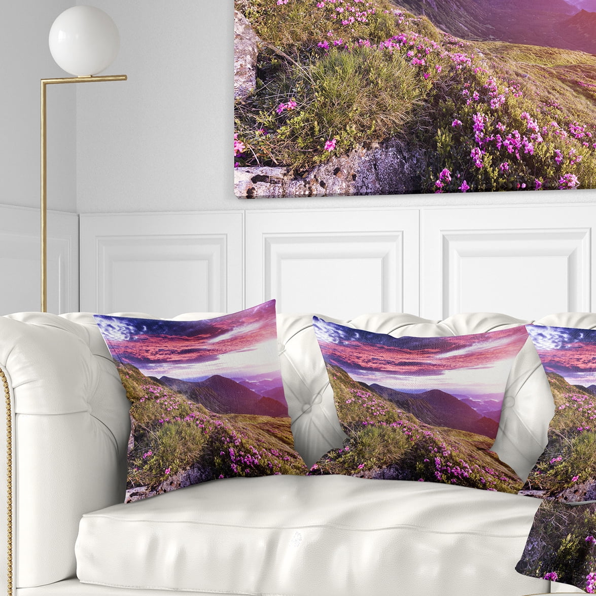 Designart Rhododendron Flowers in Hills - Landscape Photo Throw Pillow - 18x18