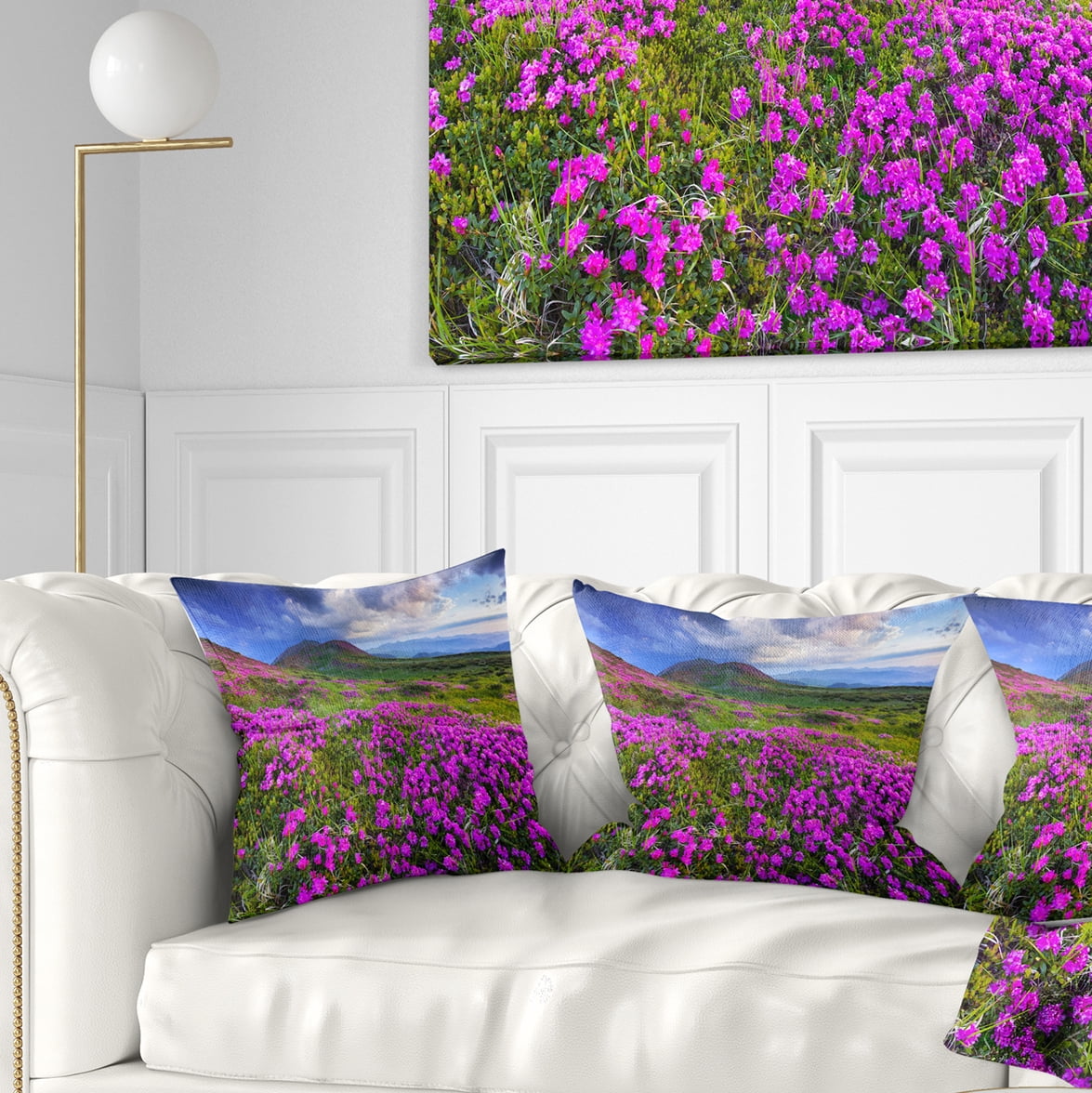 Designart Rhododendron Flowers in Mountains - Landscape Photography Throw Pillow - 16x16