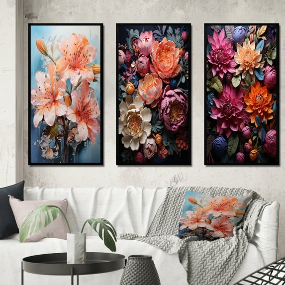 Designart "Rhododendron Pink composition IV" Floral & Botanical Framed Wall Art Set Of 3 - Red Rhododendron Frame Gallery Set For Office Decor