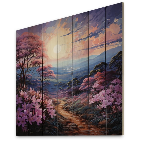 Designart "Rhododendron landscape Pointillism Dot III" Floral Print on Natural Pine Wood
