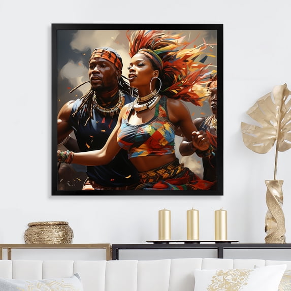 Designart "Rhythmic African Moves in Red I" Fashion Framed Wall Art Decor - Modern Red Dance Entryway Framed Wall Art