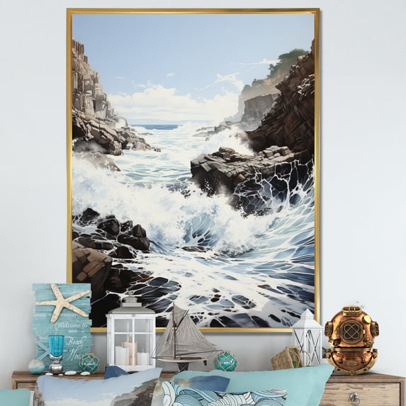 Designart "Rhythmic Coastal Coastal Waves painting I" Nautical & Beach Floater Framed Wall Decor