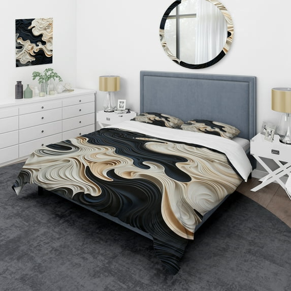 Designart "Rhythmic Pulses Black and White Opt Art II" Abstract Bedding Covert Set - Op Art Black Modern Bed Set With 2 Shams