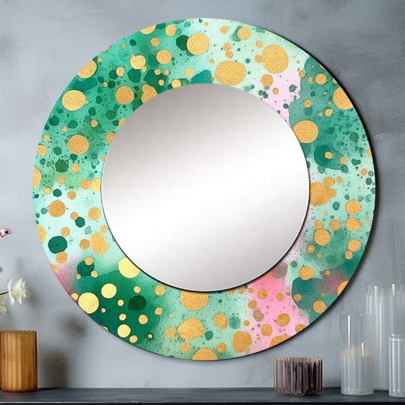 Designart "Rhythmic Waters in Green and Gold III" Modern Green Large Round Mirror - Round Mirror Wall Décor - Glam Round Printed Mirror 23" x 23" Inch