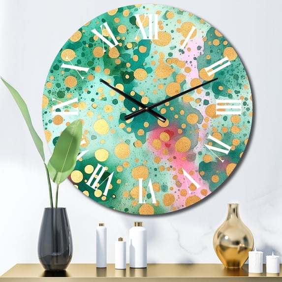 Designart "Rhythmic Waters in Green and Gold III" Modern Oversized Wall Clock