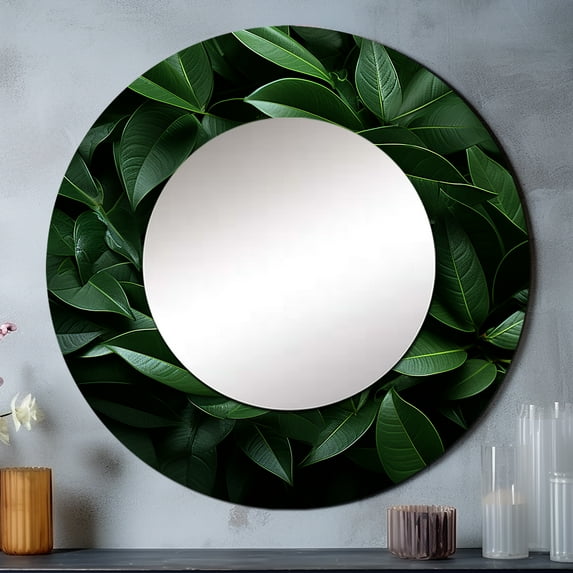 Designart "Rhythms Of Tropical Robusta Palms" Abstract Botanicals Rund Mirror For Wall Decor - Large Green Round Printed Mirror - Modern Round Office Mirror - 23" x 23"
