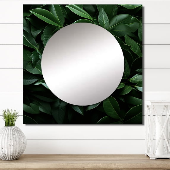 Designart "Rhythms Of Tropical Robusta Palms" abstract botanicals Square Mirror For Wall Decor - Large Green Square Printed Wall Mirror Art - Square Modern Mirror - Wall Mounted Square Mirror
