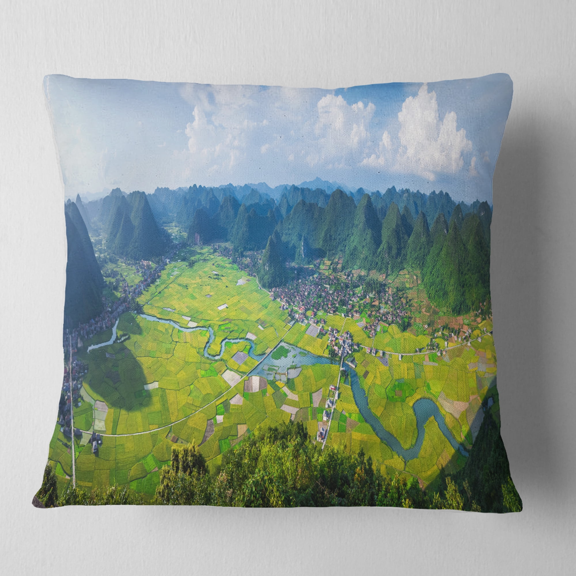 Designart Rice Field Valley Vietnam Panorama - Landscape Printed Throw Pillow - 16x16
