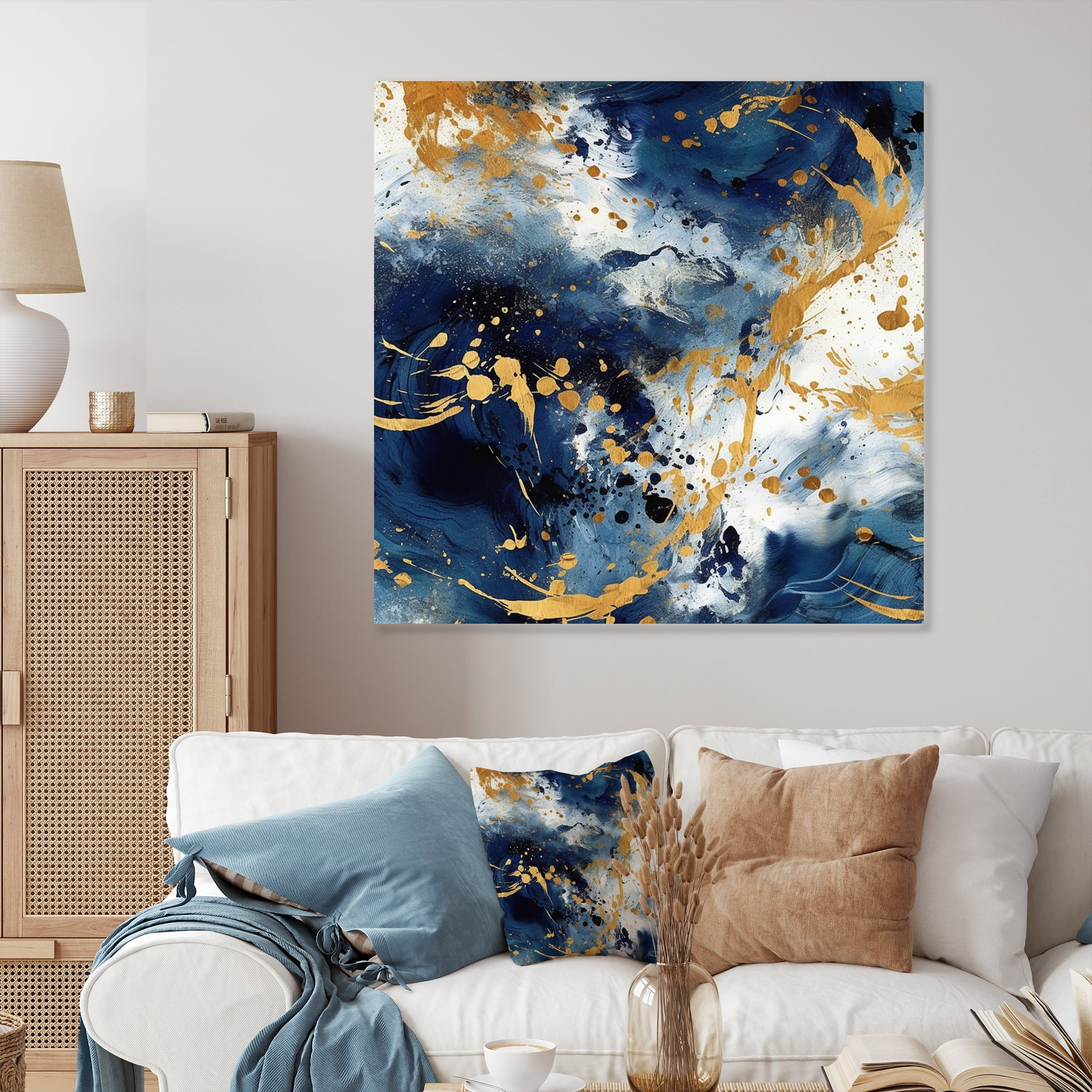 Designart "Rich Dark Blue and Gold Abstract X" Abstract Metal Wall Art ...