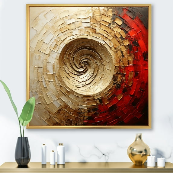 Designart "Rich Red & Gold Pottery Spirals" Abstract Spirals Floater Framed Canvas Wall Art