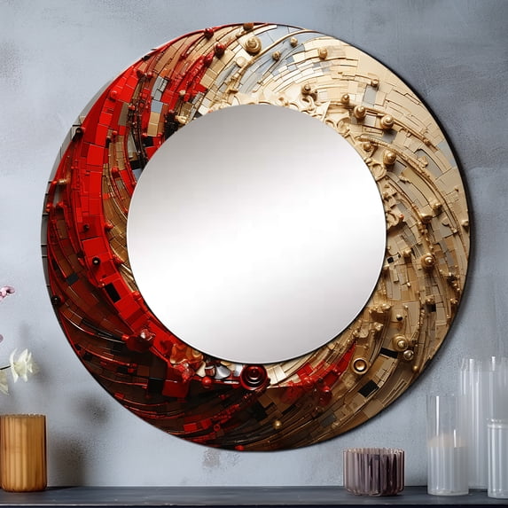 Designart "Rich Red & Gold Pottery Spirals I" Abstract Spirals Round Mirror Wall Decor Modern - Large Gold Round Office Mirror - Round Mirror - 36" x 36"