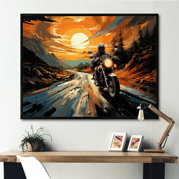 Designart "Riding With Expressionist Flair II" Motorcycle Floater Framed Canvas Wall Art