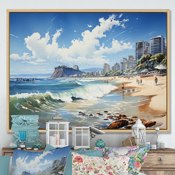 Designart "Rio s Copacabana Beach II" Nautical & Beach Floater Framed Wall Decor