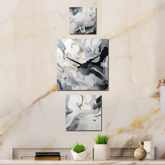 Designart "Ripples of Stone White and Grey I" Marble Oversized Wall Clock - Set Of 3 - Multipanel Contemporary Clock For Living Room Décor - Large Vertical Clock