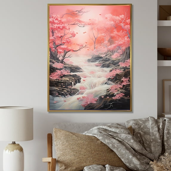 Designart "Rippling Reality Along Japan'S River" Landscape Forest River Floater Framed Canvas Wall Art