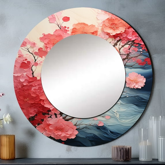 Designart "Rippling Reverie Flowers in Coral I" Abstract Spirals Round Mirror Wall Decor Modern - Large Coral Round Office Mirror - Round Mirror - 23" x 23"