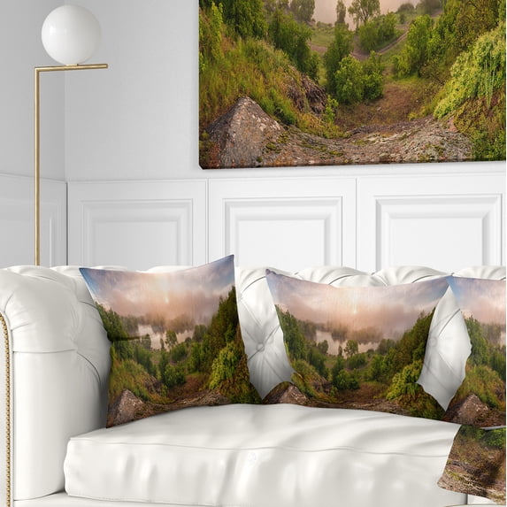 Designart Rising Above the River Mist - Landscape Photo Throw Pillow - 18x18