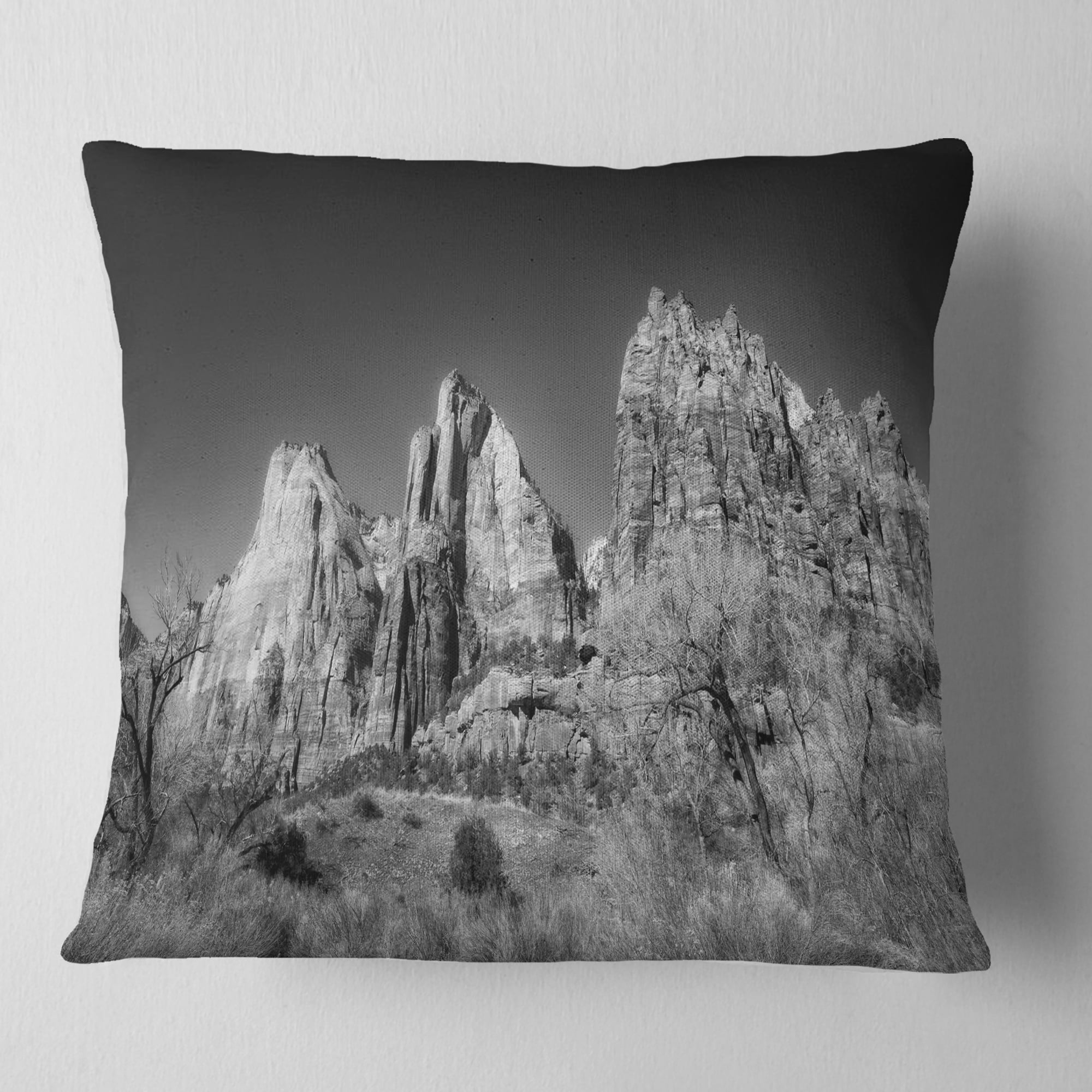 Designart Rising Red Rocks Black and White - Landscape Printed Throw Pillow - 18x18