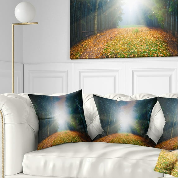 Designart Rising Sun Over Colorful Forest - Landscape Photo Throw Pillow - 16x16