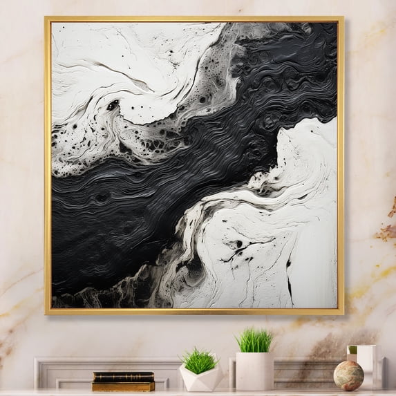 Designart "River In Black And White Paint I" Abstract Shapes Floater Framed Wall Decor