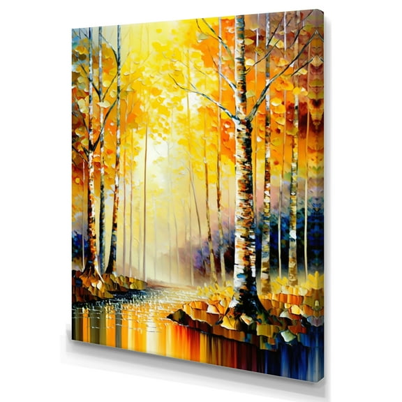 Designart River In Golden Birch Forest Canvas Wall Art