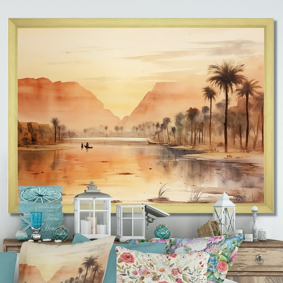 Designart "River Journey Ancient Egyptian Landscape" Landscapes Framed Wall Art Decor - Traditional Beige Egypt Entryway Framed Wall Art Print