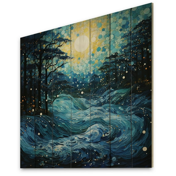 Designart "River Majestic Cascade painting" Abstract Print on Natural Pine Wood