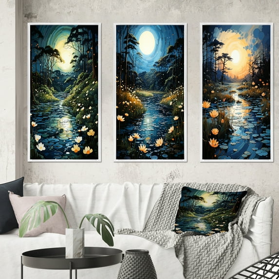 Designart "River Pointillism beauty At Night II" Pointillism Framed Wall Art Set Of 3 - Yellow Pointillism Frame Gallery Wall Set For Home Decor