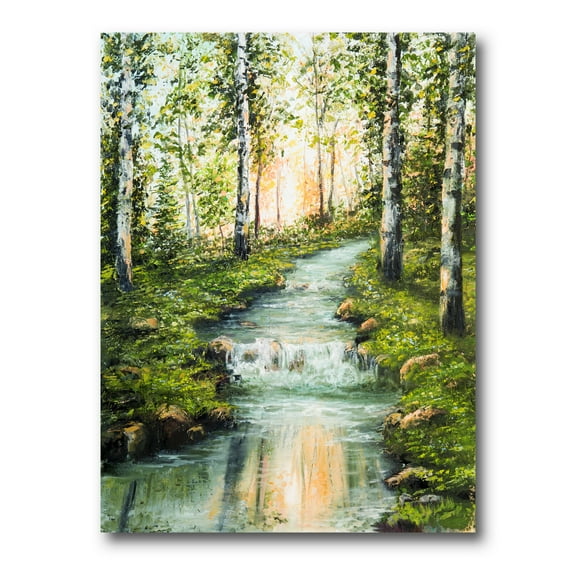 Designart ' River Through Green Birch Forest ' Lake House Canvas Wall Art Print
