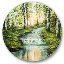 Designart 'River Through Green Birch Forest' Lake House Circle Metal Wall Art 36x36 - Disc of 36