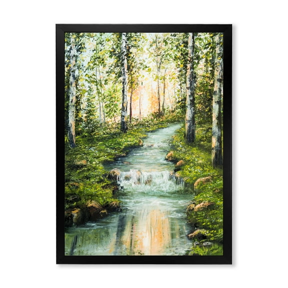 Designart 'River Through Green Birch Forest' Lake House Framed Art Print