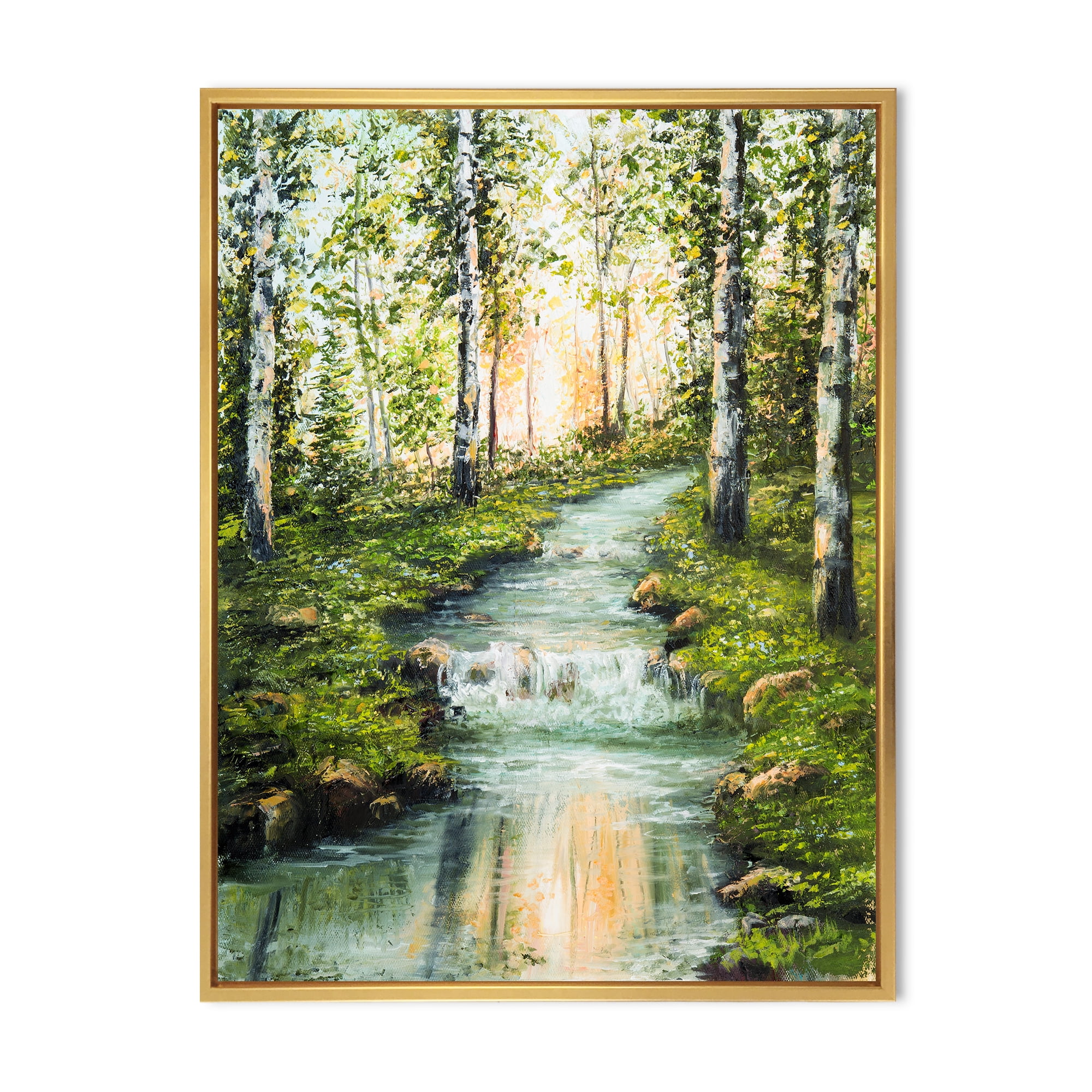 Designart 'River Through Green Birch Forest' Lake House Framed Canvas Wall Art Print
