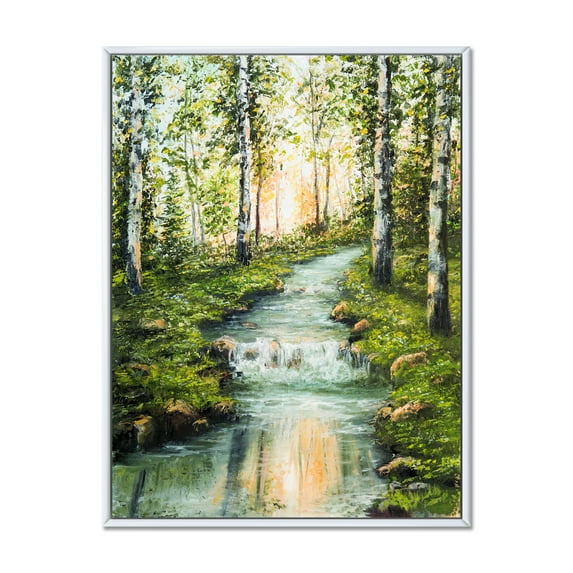 Designart 'River Through Green Birch Forest' Lake House Framed Canvas Wall Art Print