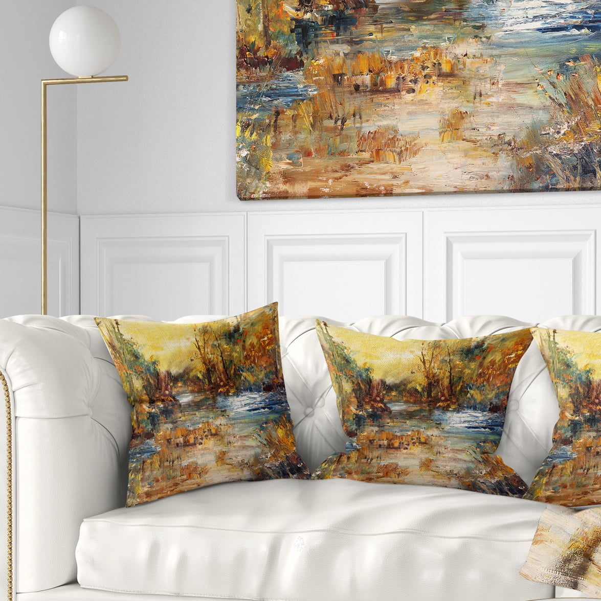 Designart River in Forest Oil Painting - Landscape Painting Throw Pillow - 16x16